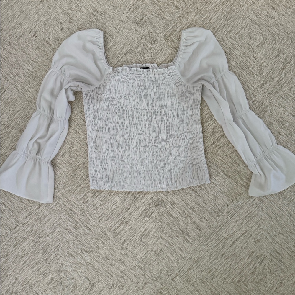 Sugarlips White Bell Sleeve Smocked Blouse